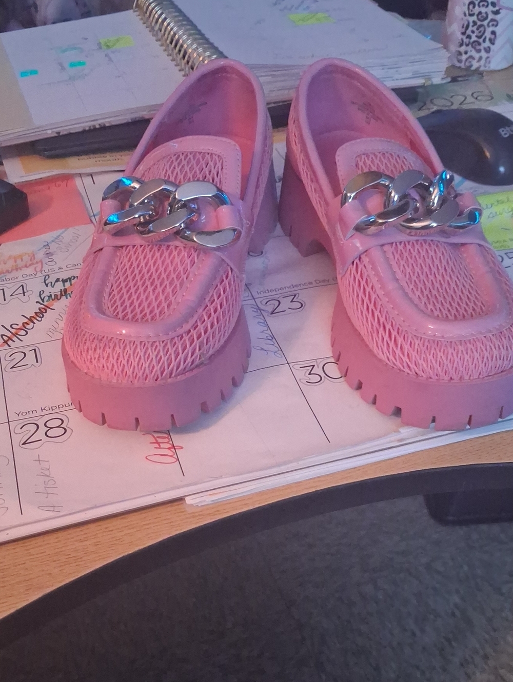 Nine West Pink Mesh Chunky Loafers with Silver Chain Accent